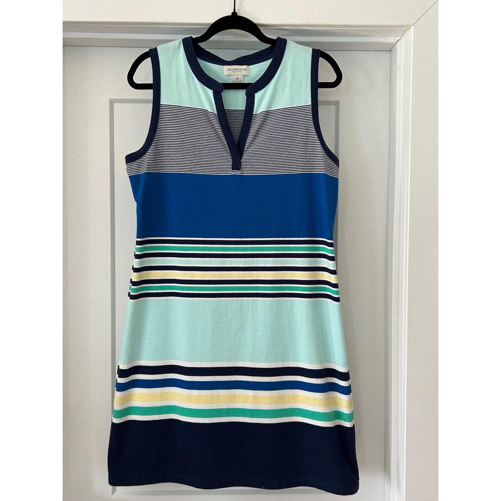 Liz Claiborne Weekend Blue Striped Sleeveless Shift Dress Medium Stretch Preppy
